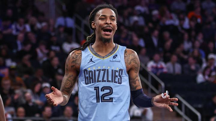 Nov 11, 2025; New York, New York, USA;  Memphis Grizzlies guard Ja Morant (12) reacts after getting called for a foul in the second quarter against the New York Knicks at Madison Square Garden. Mandatory Credit: Wendell Cruz-Imagn Images