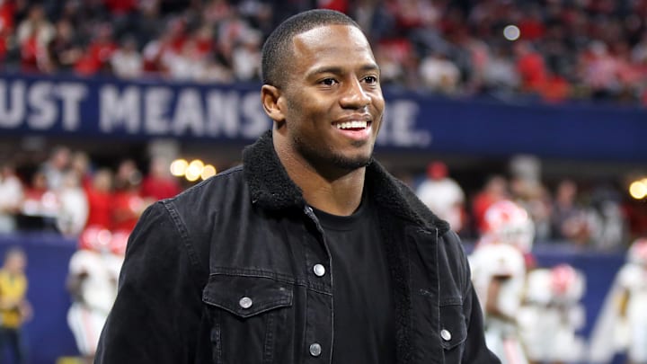 Dec 4, 2021; Atlanta, GA, USA; Cleveland Browns running back and former Georgia Bulldog running back Nick Chubb walks along the sidelines before the game against the Alabama Crimson Tide in the SEC championship game at Mercedes-Benz Stadium. Mandatory Credit: Brett Davis-Imagn Images