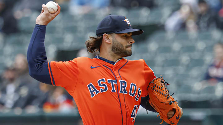 May 4, 2025; Chicago, Illinois, USA; Houston Astros starting pitcher Lance McCullers Jr. (43) delivers a pitch against the Chicago White Sox during the first inning at Rate Field.