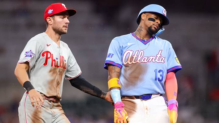 Apr 25, 2026; Atlanta, Georgia, USA; Philadelphia Phillies shortstop Trea Turner (7) tags out Atlanta Braves right fielder Ronald Acuna Jr. (13) in the seventh inning at Truist Park. Mandatory Credit: Brett Davis-Imagn Images Apr 25, 2026; Atlanta, Georgia, USA; Philadelphia Phillies shortstop Trea Turner (7) tags out Atlanta Braves right fielder Ronald Acuna Jr. (13) in the seventh inning at Truist Park. Mandatory Credit: Brett Davis-Imagn Images