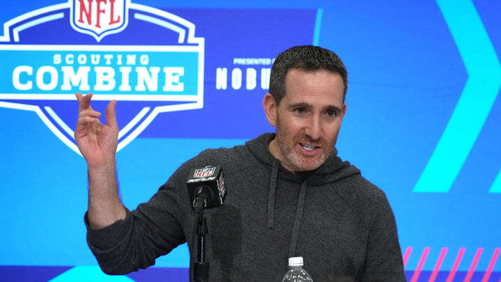 Feb 27, 2024; Indianapolis, IN, USA; Philadelphia Eagles general manager Howie Roseman speaks during the NFL Scouting Combine at Indiana Convention Center. Mandatory Credit: Kirby Lee-Imagn Images