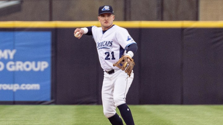 Whitecaps shortstop Kevin McGonigle looks to pass the ball to a teammate on Friday, April, 4, at LMCU Ballpark.