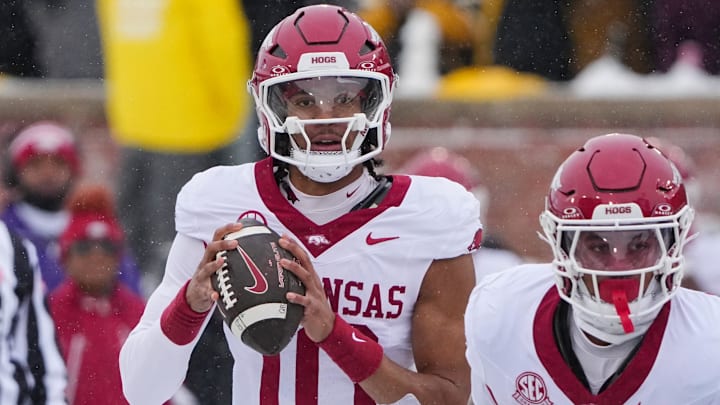 Arkansas Razorbacks quarterback Taylen Green (10) drops back to pass against the Missouri Tigers during the first half at Faurot Field at Memorial Stadium. Arkansas Razorbacks quarterback Taylen Green (10) drops back to pass against the Missouri Tigers during the first half at Faurot Field at Memorial Stadium.