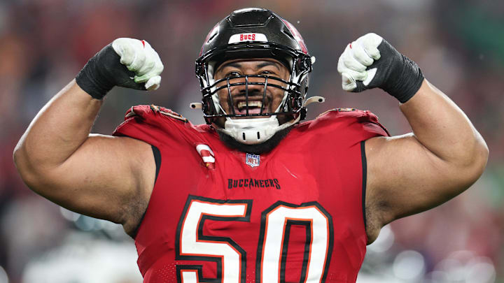 Jan 15, 2024; Tampa, Florida, USA; Tampa Bay Buccaneers defensive tackle Vita Vea (50) reacts after a play against the Philadelphia Eagles during the second half of a 2024 NFC wild card game at Raymond James Stadium. Mandatory Credit: Nathan Ray Seebeck-Imagn Images