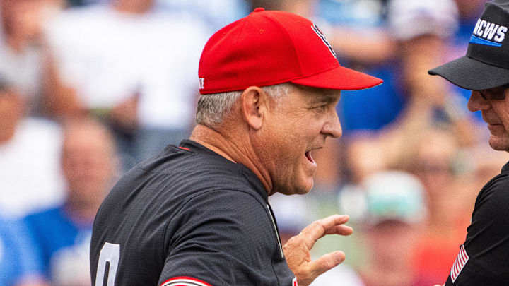 Jun 15, 2024; Omaha, NE, USA; NC State Wolfpack head coach Elliott Avent talks with an official during the seventh inning against the Kentucky Wildcats at Charles Schwab Field Omaha. Mandatory Credit: Dylan Widger-Imagn Images Jun 15, 2024; Omaha, NE, USA; NC State Wolfpack head coach Elliott Avent talks with an official during the seventh inning against the Kentucky Wildcats at Charles Schwab Field Omaha. Mandatory Credit: Dylan Widger-Imagn Images