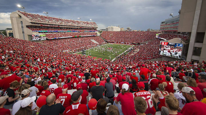 Memorial Stadium during pregame for Nebraska vs. Akron in 2018. The game was halted for lightning and eventually canceled.