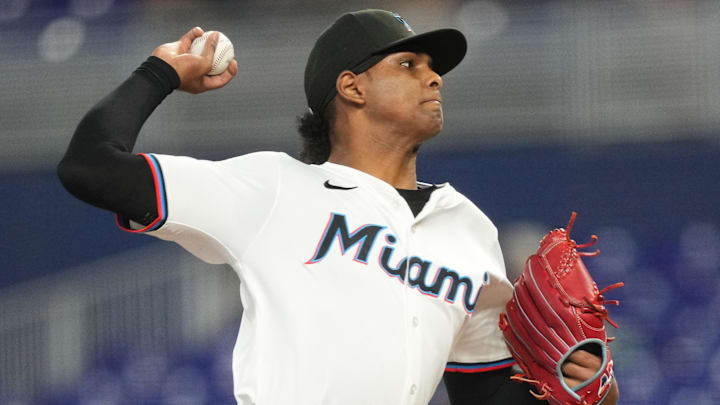 Jul 1, 2025; Miami, Florida, USA;  Miami Marlins pitcher Edward Cabrera (27) pitches in the first inning against the Minnesota Twins at loanDepot Park. Mandatory Credit: Jim Rassol-Imagn Images