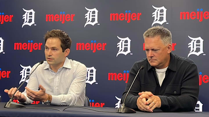 Detroit Tigers president of baseball operations Scott Harris, left, and manager A.J. Hinch meet with reporters Monday, Oct. 13, 2025, at Comerica Park in Detroit.