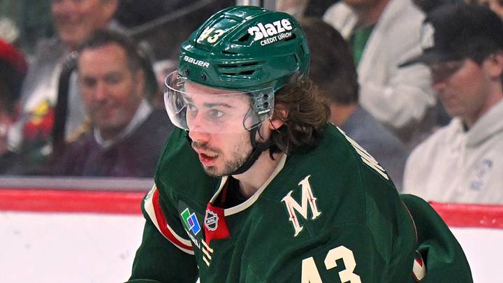 Apr 30, 2026; Saint Paul, Minnesota, USA; Minnesota Wild defensemen Quinn Hughes (43) controls the puck against the Dallas Stars during the first period in game six of the first round of the 2026 Stanley Cup Playoffs at Grand Casino Arena. Mandatory Credit: Nick Wosika-Imagn Images Apr 30, 2026; Saint Paul, Minnesota, USA; Minnesota Wild defensemen Quinn Hughes (43) controls the puck against the Dallas Stars during the first period in game six of the first round of the 2026 Stanley Cup Playoffs at Grand Casino Arena. Mandatory Credit: Nick Wosika-Imagn Images