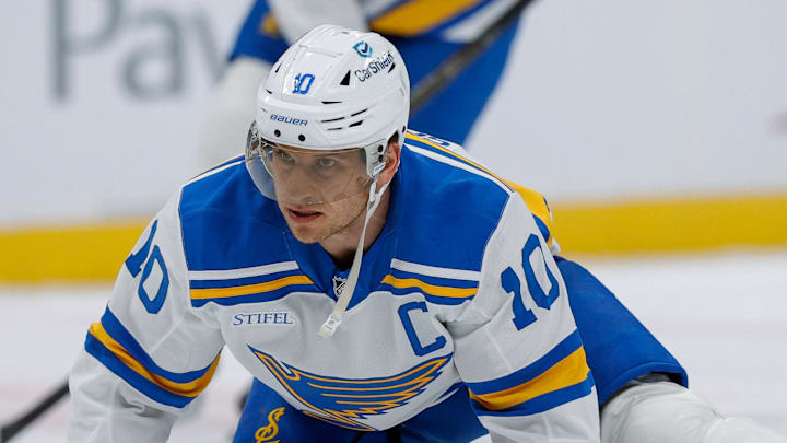 Dec 31, 2025; Denver, Colorado, USA; St. Louis Blues center Brayden Schenn (10) before the game against the Colorado Avalanche at Ball Arena. Mandatory Credit: Isaiah J. Downing-Imagn Images