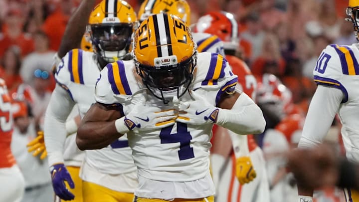 LSU Tigers cornerback Mansoor Delane celebrates after a play against the Clemson Tigers at Memorial Stadium. 
