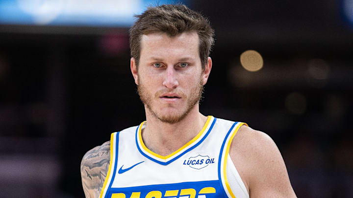 Indiana Pacers guard Garrison Mathews (24) in the first half against the Detroit Pistons at Gainbridge Fieldhouse. Indiana Pacers guard Garrison Mathews (24) in the first half against the Detroit Pistons at Gainbridge Fieldhouse.