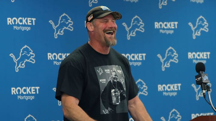 Detroit Lions head coach Dan Campbell talks with reporters about the third day of OTAs