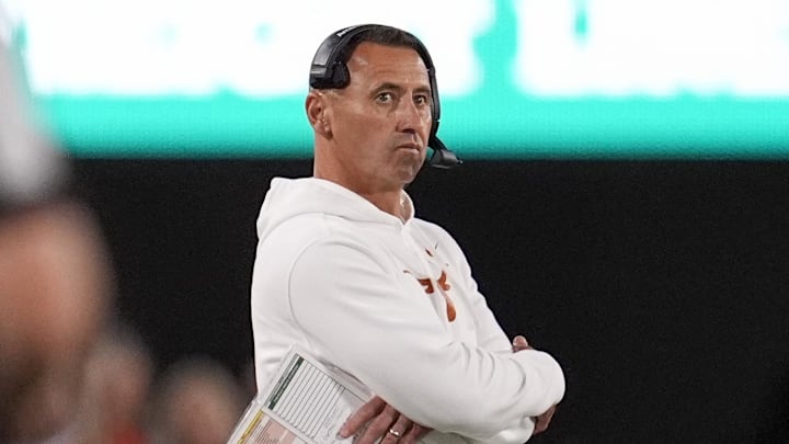 Texas Longhorns head coach Steve Sarkisian looks on in the first half against the Georgia Bulldogs  at Sanford Stadium.