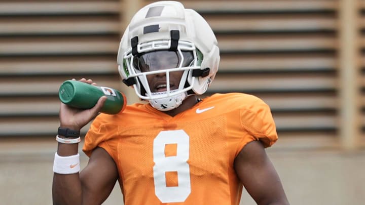 Tennessee defensive back Colton Hood (8) during Tennessee football preseason practice, in Knoxville, Tennessee, Aug. 5, 2025.