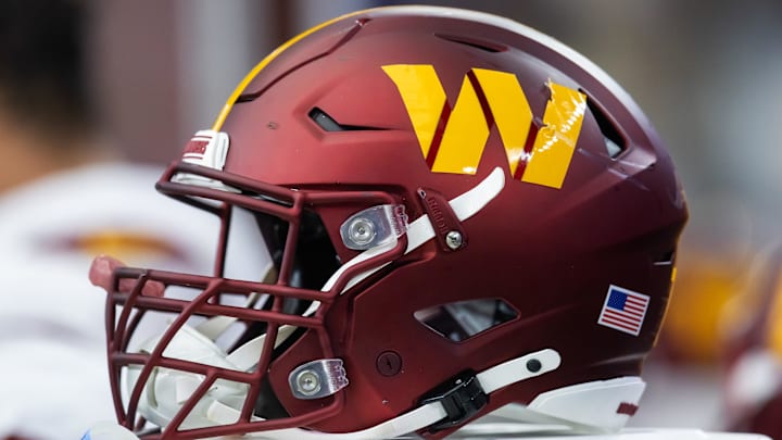 Sep 29, 2024; Glendale, Arizona, USA; Detailed view of a Washington Commanders helmet at State Farm Stadium. Mandatory Credit: Mark J. Rebilas-Imagn Images