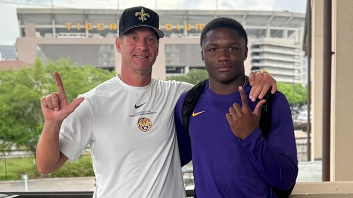 LSU coach Lane Kiffin and 5-star wide receiver target Easton Royal LSU coach Lane Kiffin and 5-star wide receiver target Easton Royal