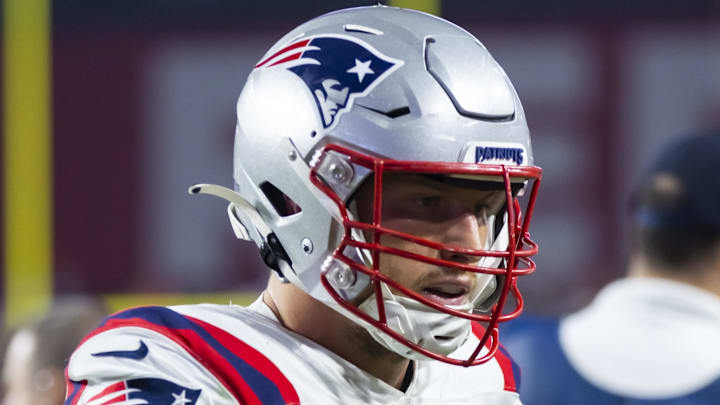 Dec 12, 2022; Glendale, Arizona, USA; New England Patriots guard Cole Strange (69) against the Arizona Cardinals at State Farm Stadium. Mandatory Credit: Mark J. Rebilas-Imagn Images