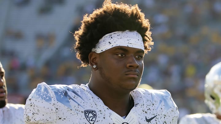 Nov 18, 2023; Tempe, Arizona, USA; Oregon Ducks defensive lineman A'Mauri Washington (58) against the Arizona State Sun Devils at Mountain America Stadium. Mandatory Credit: Mark J. Rebilas-Imagn Images