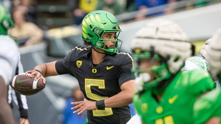 Oregon quarterback Dante Moore during the Oregon Ducks’ Spring Game Saturday, April 27. 2024 at Autzen Stadium in Eugene, Ore.