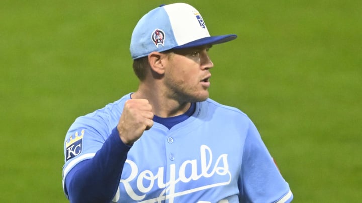 Sep 11, 2025; Cleveland, Ohio, USA; Kansas City Royals starting pitcher Stephen Kolek (32) celebrates a double play in the fifth inning against the Cleveland Guardians at Progressive Field. Mandatory Credit: David Richard-Imagn Images