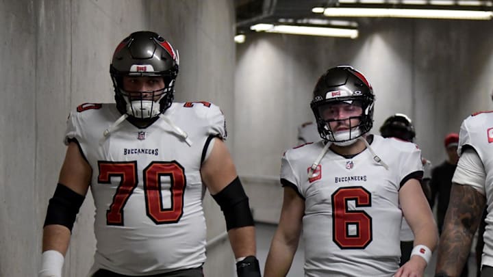 Tampa Bay Buccaneers center Robert Hainsey, quarterback Baker Mayfield.