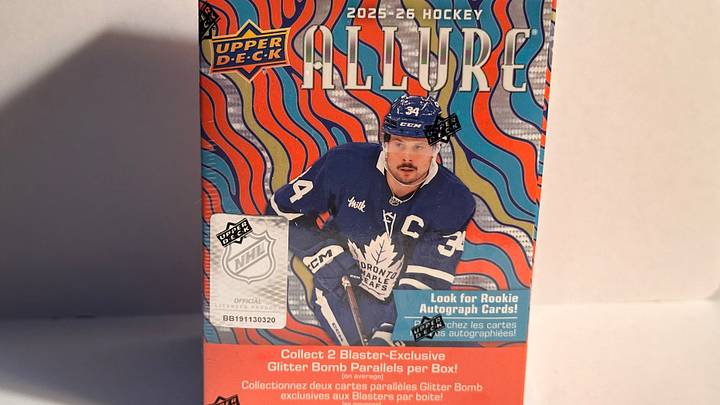 2025-26 Upper Deck Allure Hockey blaster box, with Auston Matthews pictured on front of the box. 