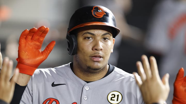Sep 15, 2025; Chicago, Illinois, USA; Baltimore Orioles catcher Samuel Basallo (29) celebrates with teammates in the dugout after scoring against the Chicago White Sox during the third inning at Rate Field. Mandatory Credit: Kamil Krzaczynski-Imagn Images