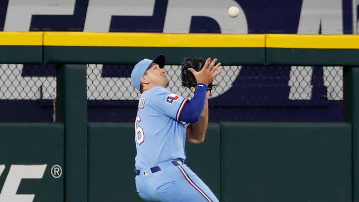 Texas Rangers left fielder Wyatt Langford.  Credit: Chris Jones-Imagn Images