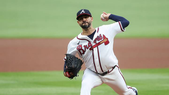 Apr 28, 2026; Atlanta, Georgia, USA; Atlanta Braves starting pitcher Martin Perez (33) throws against the Detroit Tigers in the first inning at Truist Park. Mandatory Credit: Brett Davis-Imagn Images
Apr 28, 2026; Atlanta, Georgia, USA; Atlanta Braves starting pitcher Martin Perez (33) throws against the Detroit Tigers in the first inning at Truist Park. Mandatory Credit: Brett Davis-Imagn Images