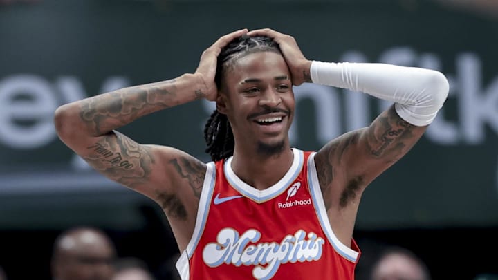 Mar 7, 2025; Dallas, Texas, USA;  Memphis Grizzlies guard Ja Morant (12) reacts against the Dallas Mavericks during the second half at American Airlines Center. Mandatory Credit: Kevin Jairaj-Imagn Images