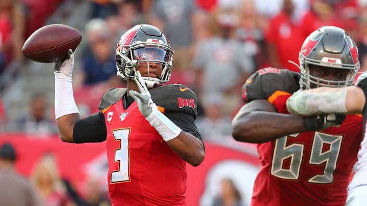 Dec 29, 2019; Tampa, Florida, USA; Tampa Bay Buccaneers quarterback Jameis Winston (3) throws the ball for an interception to end the game during overtime  against the Atlanta Falcons at Raymond James Stadium. Mandatory Credit: Kim Klement-Imagn Images