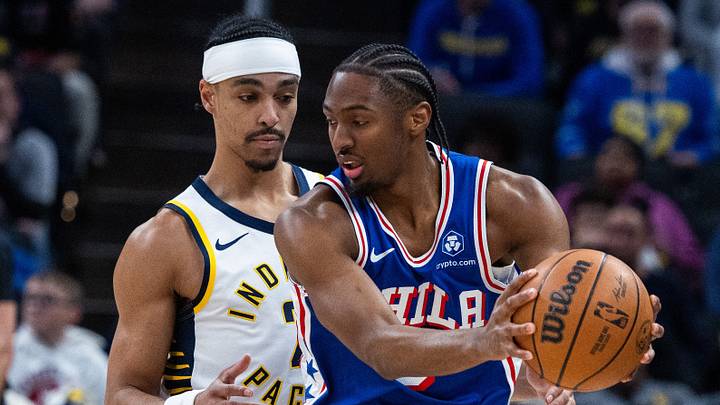 Feb 24, 2026; Indianapolis, Indiana, USA; Philadelphia 76ers guard Tyrese Maxey (0) holds the ball while Indiana Pacers guard/forward Andrew Nembhard (2) defends in the first half at Gainbridge Fieldhouse. Mandatory Credit: Trevor Ruszkowski-Imagn Images Feb 24, 2026; Indianapolis, Indiana, USA; Philadelphia 76ers guard Tyrese Maxey (0) holds the ball while Indiana Pacers guard/forward Andrew Nembhard (2) defends in the first half at Gainbridge Fieldhouse. Mandatory Credit: Trevor Ruszkowski-Imagn Images