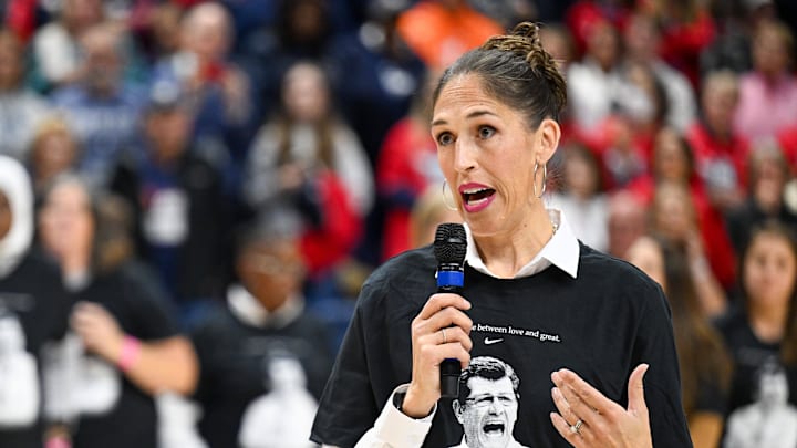 Nov 20, 2024; Storrs, Connecticut, USA; Connecticut Huskies wmones basketball alumni Rebecca Lobos speaks after a game between the Huskies and the Fairleigh Dickinson Knights to celebrate the all time NCAA wins record set by head coach Geno Auriemma at Harry A. Gampel Pavilion. Mandatory Credit: Mark Smith-Imagn Images