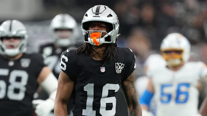 Jan 5, 2025; Paradise, Nevada, USA; Las Vegas Raiders wide receiver Jakobi Meyers (16) celebrates after a first down against the Los Angeles Chargers in the first half at Allegiant Stadium. Mandatory Credit: Kirby Lee-Imagn Images