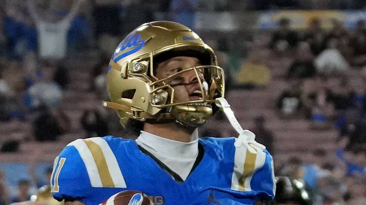 Sep 19, 2026; Pasadena, California, USA; UCLA Bruins wide receiver Landon Ellis (11) scores on a 6-yard touchdown pass in the fourth quarter against the Purdue Boilermakers at the Rose Bowl. Mandatory Credit: Kirby Lee-Imagn Images Sep 19, 2026; Pasadena, California, USA; UCLA Bruins wide receiver Landon Ellis (11) scores on a 6-yard touchdown pass in the fourth quarter against the Purdue Boilermakers at the Rose Bowl. Mandatory Credit: Kirby Lee-Imagn Images