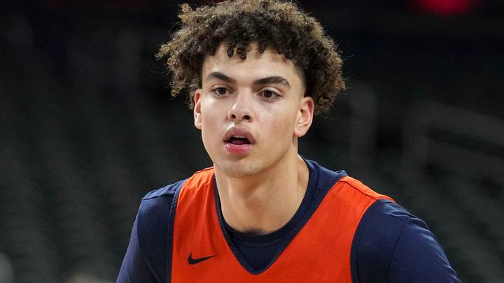 Illinois Fighting Illini guard Keaton Wagler (23) guards during practice ahead of a Final Four game on Friday, April 3, 2026, at Lucas Oil Stadium in Indianapolis.