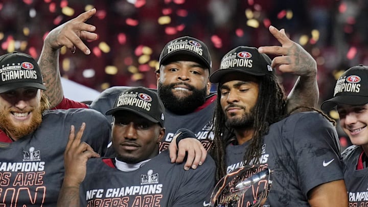 San Francisco 49ers tight end George Kittle (85), offensive tackle Trent Williams (71), wide receiver Deebo Samuel (19), and linebacker Fred Warner (54)