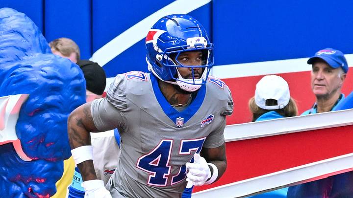 Sep 27, 2026; Orchard Park, New York, USA; Buffalo Bills cornerback Christian Benford (47) enters the field before a game against the Los Angeles Chargers at New Highmark Stadium. Mandatory Credit: Mark Konezny-Imagn Images