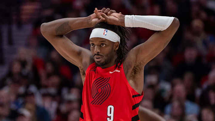 Oct 23, 2024; Portland, Oregon, USA; Portland Trailblazers shooting forward Jerami Grant (9) reacts during the second half against the Golden State Warriors at Moda Center. Mandatory Credit: Stephen Brashear-Imagn Images Oct 23, 2024; Portland, Oregon, USA; Portland Trailblazers shooting forward Jerami Grant (9) reacts during the second half against the Golden State Warriors at Moda Center. Mandatory Credit: Stephen Brashear-Imagn Images