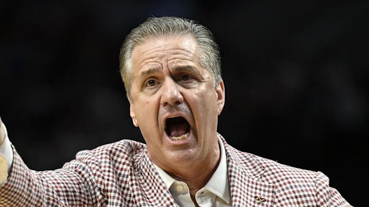 Mar 21, 2026; Portland, OR, USA; Arkansas Razorbacks head coach John Calipari in the second half against the High Point Panthers during a second round game of the men's 2026 NCAA Tournament at Moda Center. Mandatory Credit: Troy Wayrynen-Imagn Images