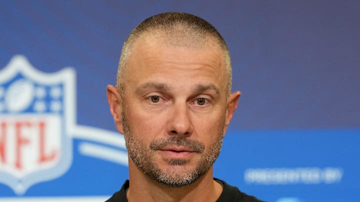 Feb 24, 2026; Indianapolis, IN, USA; Las Vegas Raiders general manager John Spytek speaks at the NFL Scouting Combine at the Indiana Convention Center. Mandatory Credit: Kirby Lee-Imagn Images