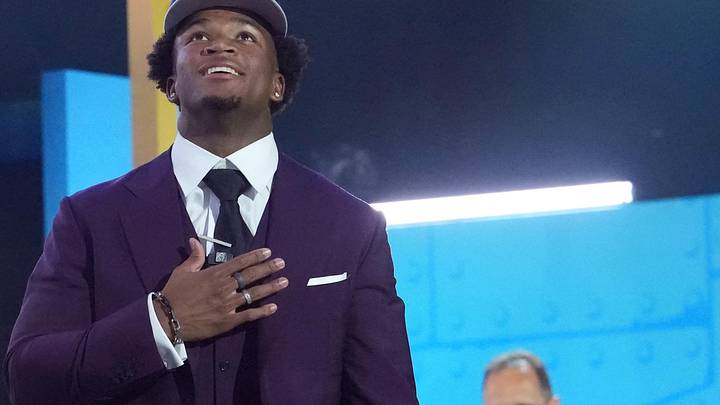 Apr 23, 2026; Pittsburgh, PA, USA; Ohio State Buckeyes defensive back Caleb Downs is selected by the Dallas Cowboys as the number eleven pick during the 2026 NFL Draft at Acrisure Stadium. Mandatory Credit: Kirby Lee-Imagn Images