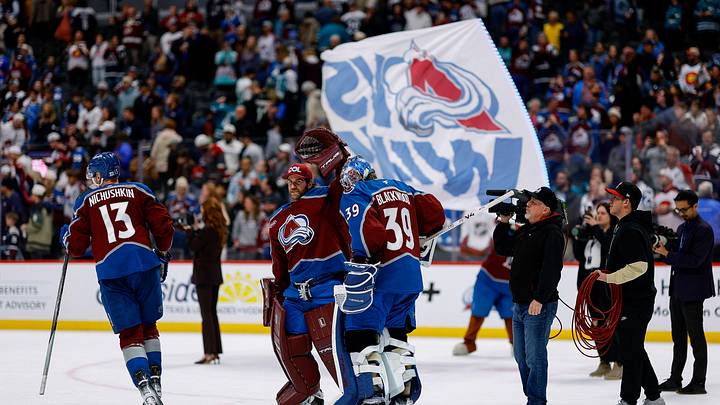 Feb 4, 2026; Denver, Colorado, USA; Colorado Avalanche goaltender MacKenzie Blackwood (39) celebrates with goaltender Scott Wedgewood (41) after the game against the San Jose Sharks at Ball Arena. Mandatory Credit: Isaiah J. Downing-Imagn Images