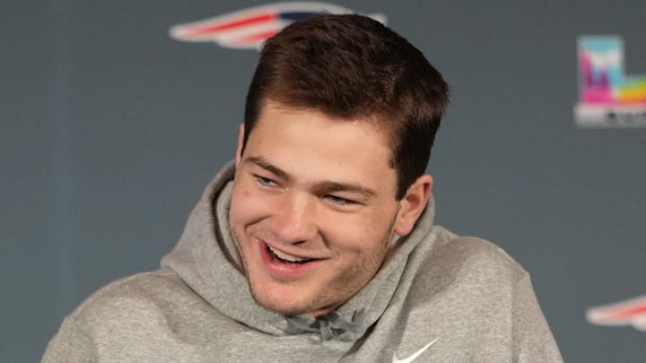 Feb 5, 2026; Santa Clara, CA, USA; New England Patriots quarterback Drake Maye (10) talks to media members at the Santa Clara Marriott. Mandatory Credit: Darren Yamashita-Imagn Images