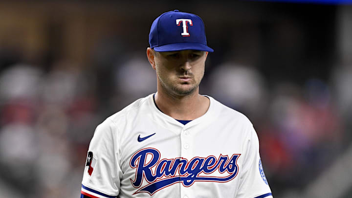 May 1, 2025; Arlington, Texas, USA; Texas Rangers pitcher Tyler Mahle (51) comes off the field after pitching against the Athletics at Globe Life Field. Mandatory Credit: Jerome Miron-Imagn Images