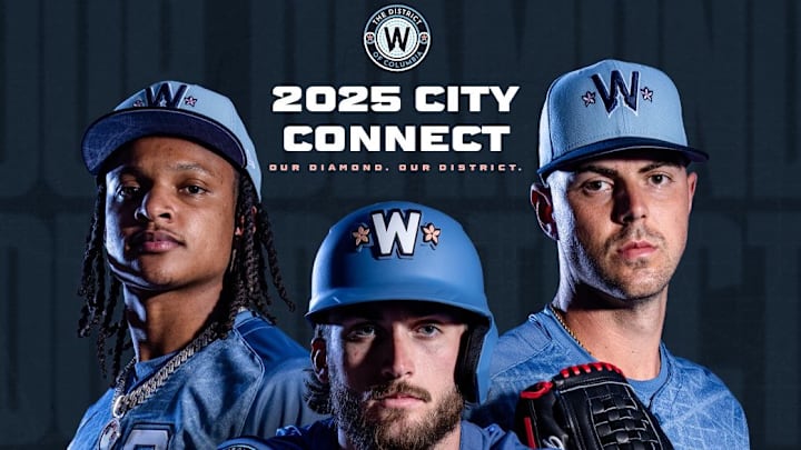 A promotional photo for the Washington Nationals' new City Connect uniforms, featuring CJ Abrams, MacKenzie Gore and Dylan Crews.