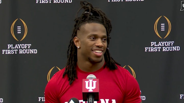 Indiana running back Justice Ellison speaks to the media before Friday's College Football Playoff game at Notre Dame.