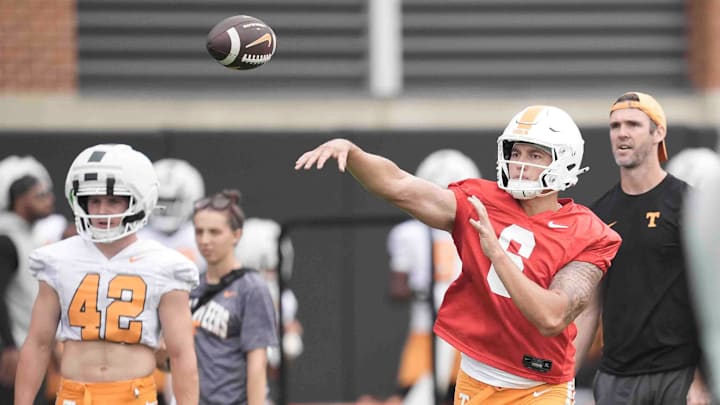 Tennessee quarterback Joey Aguilar (6) throws a pass during Tennessee football preseason practice, in Knoxville, Tennessee, July 31, 2025.