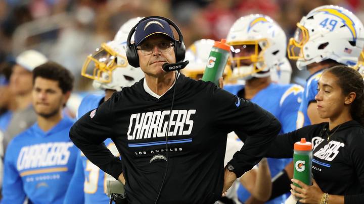 Aug 20, 2026; Inglewood, California, USA; Los Angeles Chargers head coach Jim Harbaugh (left) looks on during the third quarter against the San Francisco 49ers at SoFi Stadium. Mandatory Credit: Kiyoshi Mio-Imagn Images Aug 20, 2026; Inglewood, California, USA; Los Angeles Chargers head coach Jim Harbaugh (left) looks on during the third quarter against the San Francisco 49ers at SoFi Stadium. Mandatory Credit: Kiyoshi Mio-Imagn Images